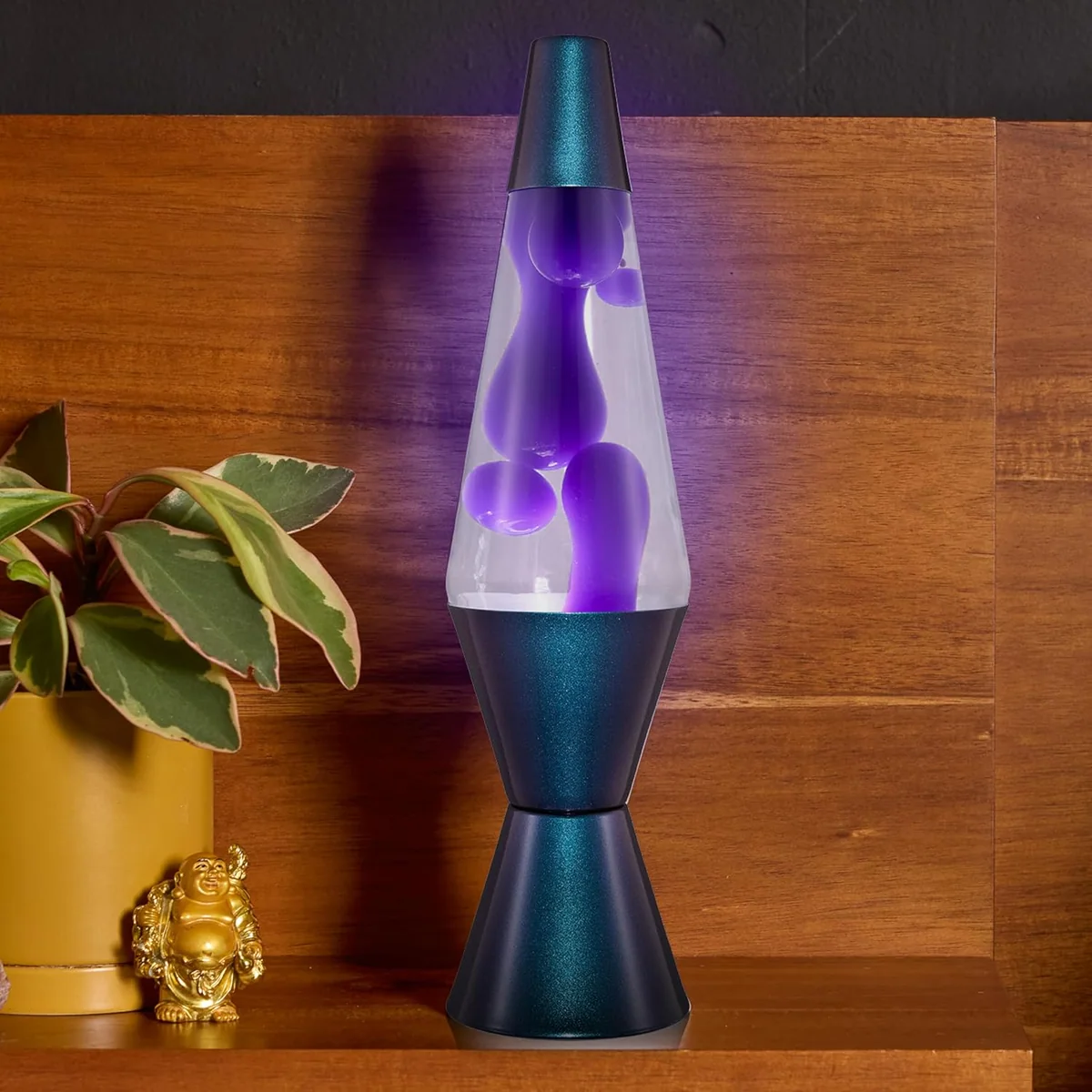 Lava Lite Black Iris Lava Lamp, 14.5 Inch on a sideboard
